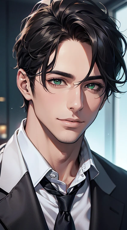 (Highest quality,4K,8K,High resolution,masterpiece:1.2),Super detailed,(Realistic,photoRealistic,photo-Realistic:1.37),1 person,34 years old,Mature Men,Beautiful skin、very handsome,Expressionless smile in love,Short gray Black hair,green eyes,Sharp Eyes,A perfect face without a doubt,Businessman, CEO, Office Background,Cinema Lighting,HDR image,tie、