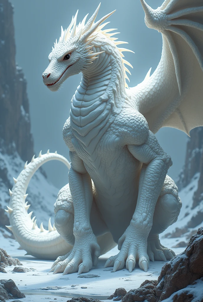 Kharos is a majestic and imposing dragon, with a muscular body covered in white scales that shine like newly formed ice. Its scales are pure white, but with black patterns that snake along its body, creating a striking and elegant contrast. His eyes are a deep black, with a penetrating glow that conveys a sense of calm and latent danger. Kharos has a long, sturdy tail., with a sharp, thorny tip that can be used as a deadly weapon.
