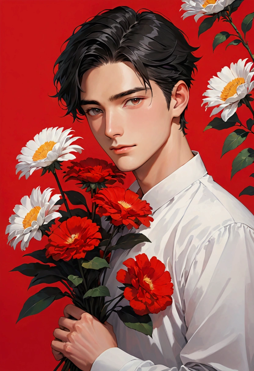 Young man holding flowers on his shoulder on red background, 1 boy, flower, focus on male, solo, holding flower, black hair, holding, shirt, red background, white shirt and red second half, simple background, formal