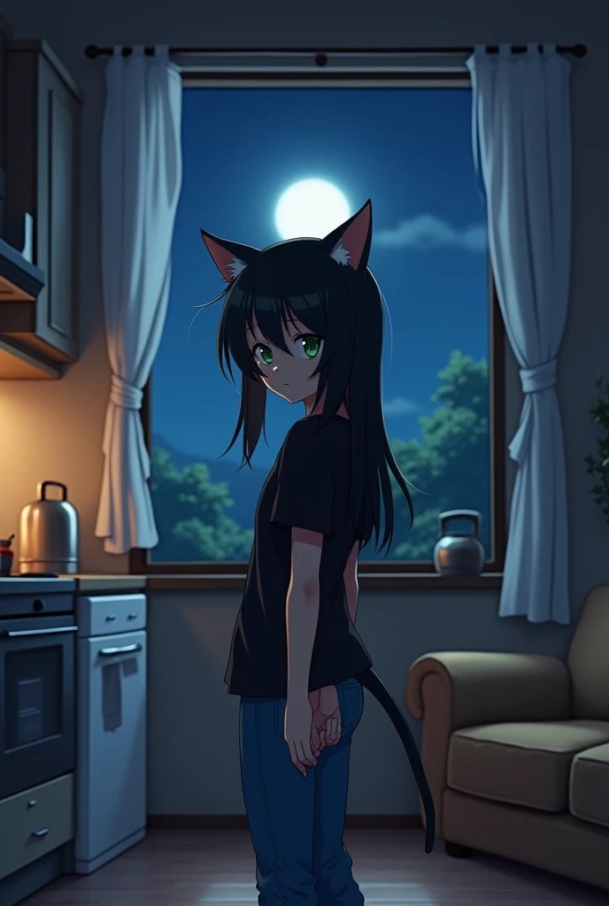 anime girl standing in living room with black hair standing in front of window night time, 1girl, solo, pants, jeans, animal ears, denim, green eyes, kitchen, black hair, black shirt, indoors, open mouth, shirt, cat ears, arms behind back, looking at viewer, bangs, window, midnight setting