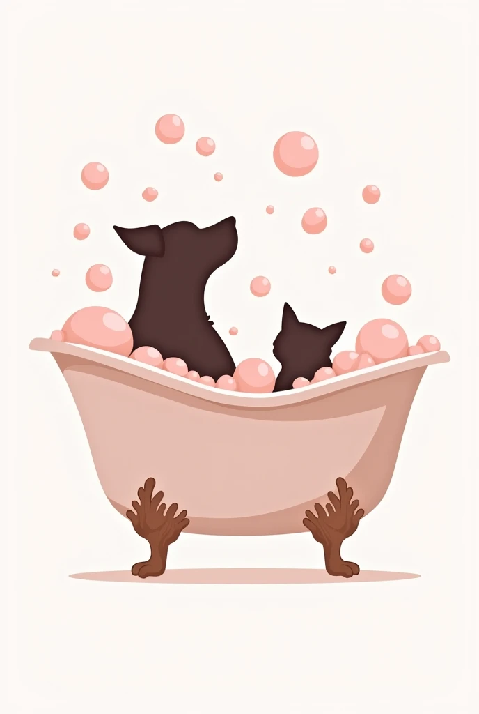 dog and cat silhouette logo in a stylish bathtub, full of bubbles pale pink colors

