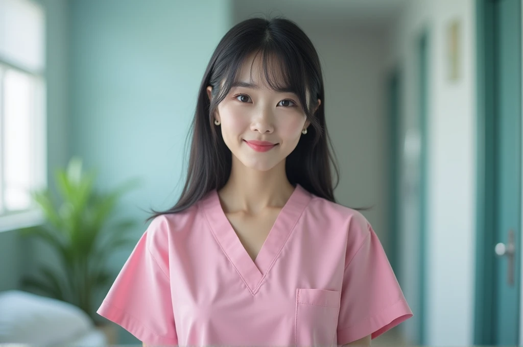 photograph, cowboy shot, woman taking photo, smiling beautiful Japanese female nurse wearing pink nurse dress, hourglass figure, beautiful detailed face, black hair, pale skin, fair skin, realistic skin, detailed cloth texture, detailed hair texture, Perfect proportion, Anatomically correct, Highly detailed face and skin texture, private modern hospital room, looking at viewer, asian face , perfect anatomy, realistic