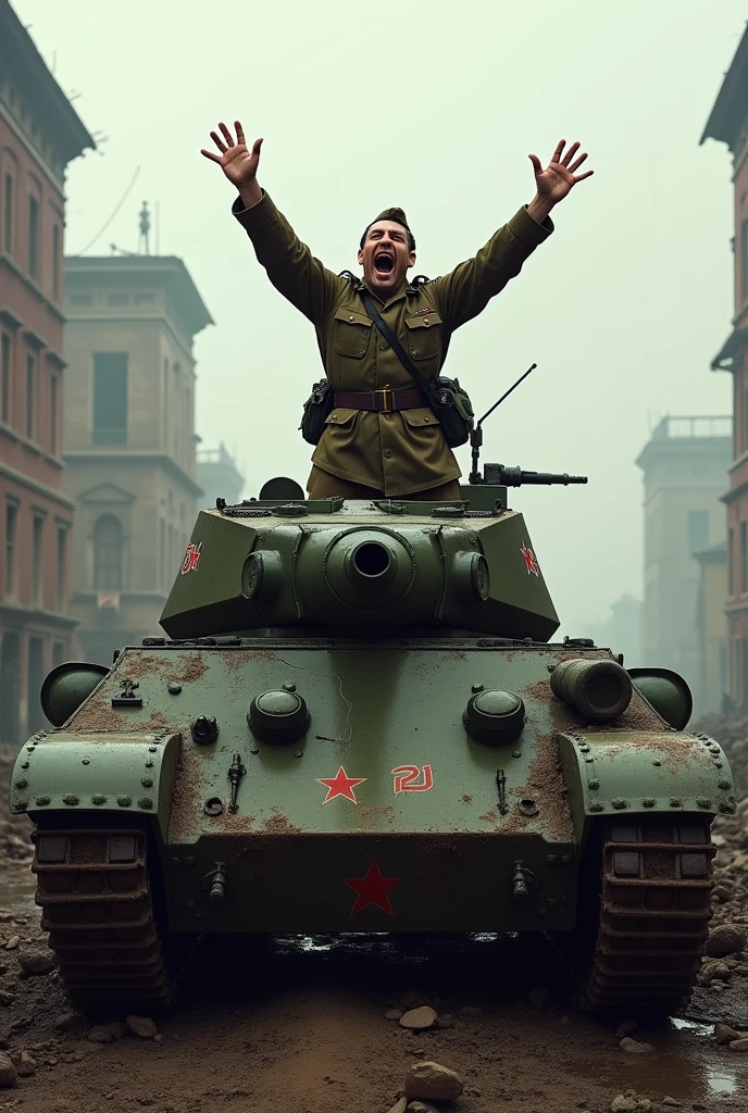 Man waving euphorically from the hatch of a Russian T34, pointing believing himself to be a god