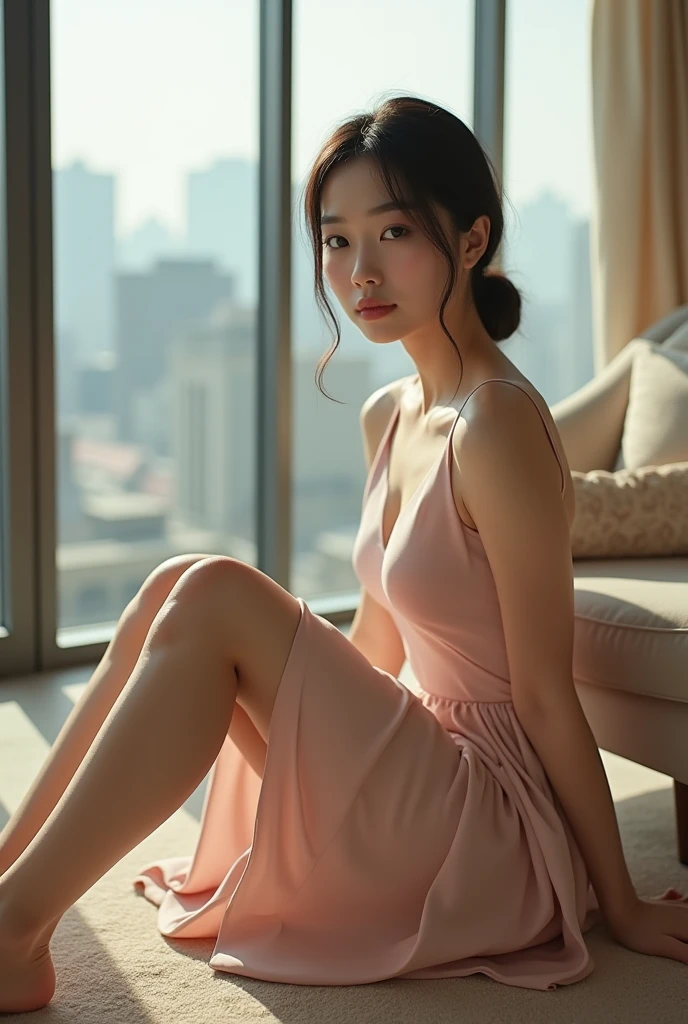 A Japanese woman sitting cross-legged and facing forward in what appears to be a luxury hotel。She was wearing a pale pink tight dress、The length of the dress is about thigh-length。