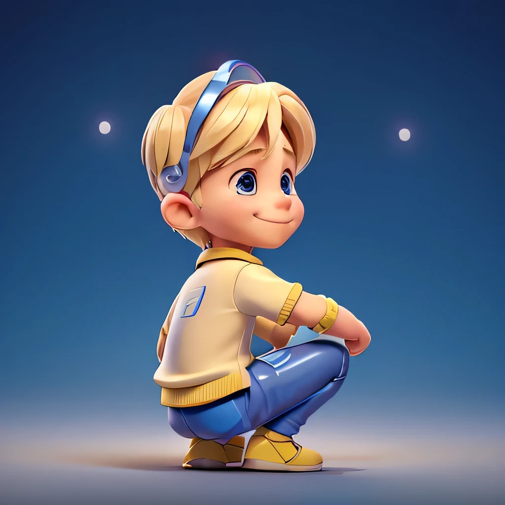 Blonde Boy、whole body、Smiling boy、((Clothing of the future))、Wearing a futuristic glowing device、((whole body:1.2))、((Attaching the headgear))、((Squatting pose:1.2))、From the back