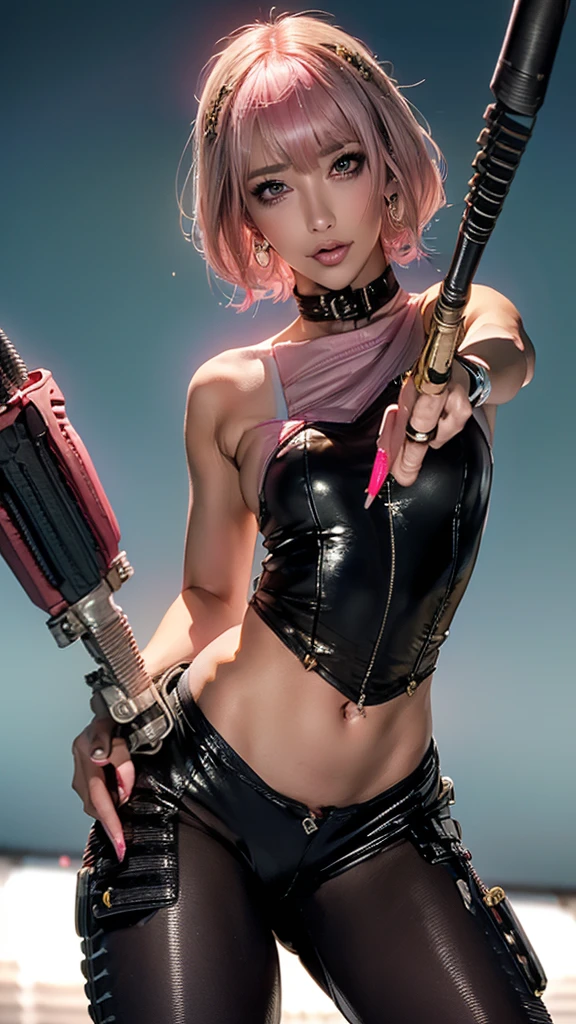 (Highest quality), Realistic, (live-action),(Short Hair,Sharp bangs)Highest quality,Highest quality,8k images,Pink Hair,High heels,Small face,((Big Breasts))Leg spread、1 gun,(((Point the tip of your gun towards the camera:1.6))),Highest quality32K(In combat)