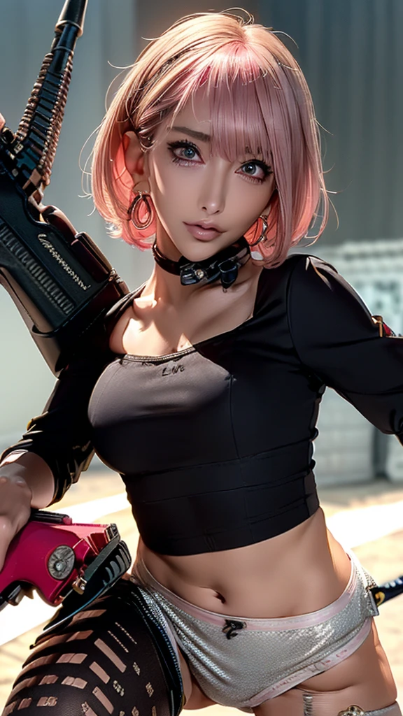 (Highest quality), Realistic, (live-action),(Short Hair,Sharp bangs)Showing off your crotch,Highest quality,Highest quality,8k images,Pink Hair,High heels,Small face,((Big Breasts))Leg spread、1 gun,(((Point the tip of your gun towards the camera:1.6))),Highest quality32K