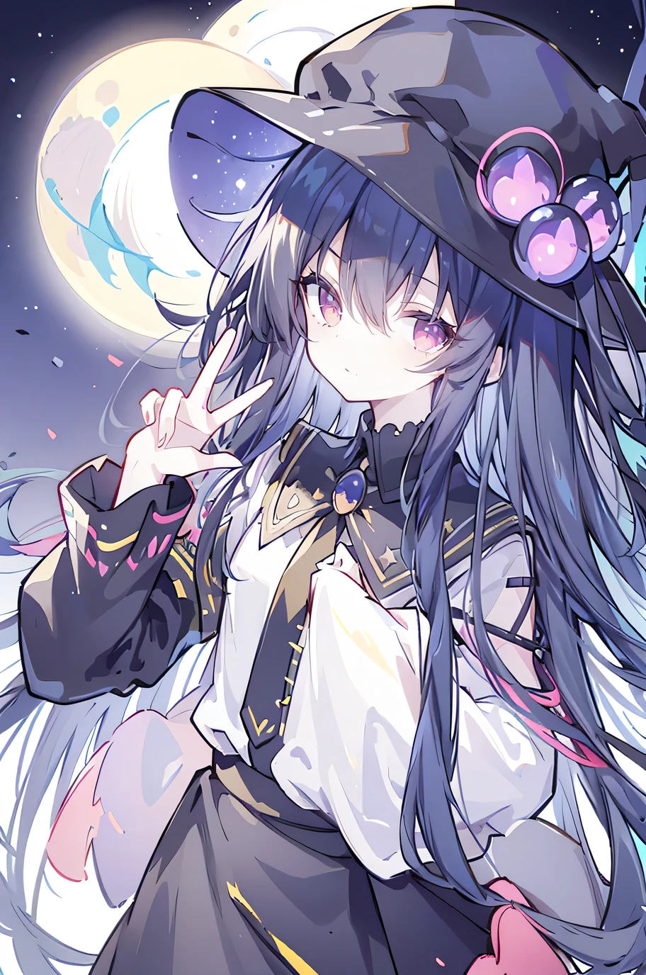 oung Girls,Humanity,A magician always smiles,big witch hat,cute,dark blue long hair,The eyes are dull,The bangs are heavy,Thin eyebrows,fantasy,intake,Double teeth,Star Theme,Constellation pattern,Solid color clothetal decoration,cloak,A bit of a dark atmosphere,A little crazy smile,When the big moon shines outside at night,blood,Hair black star embellishment,Short tie,No nails,High waist skirt,Bell sleeves,Long-sleeved shirt,Black tie,low risk,gentlemen。Mist、Yellow and white effect,Shocking pink as an accent color