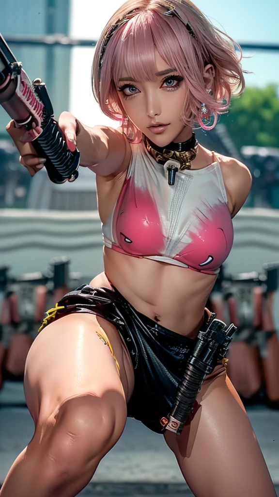 (Highest quality), Realistic, (live-action),(Short Hair,Sharp bangs)Showing off your crotch,Highest quality,Highest quality,8k images,Pink Hair,High heels,Small face,((Big Breasts))Leg spread、1 gun,(((Point the tip of your gun towards the camera:1.6))),Highest quality32K
