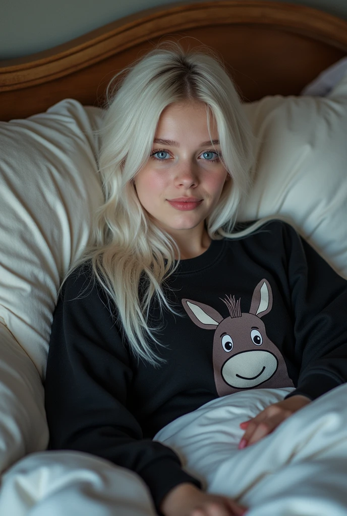 A girl with long white hair taking a selfie lying on the bed wearing a black sweatshirt with a picture of a donkey on the front,she will be in the room she has blue eyes and her head will be on the pillow