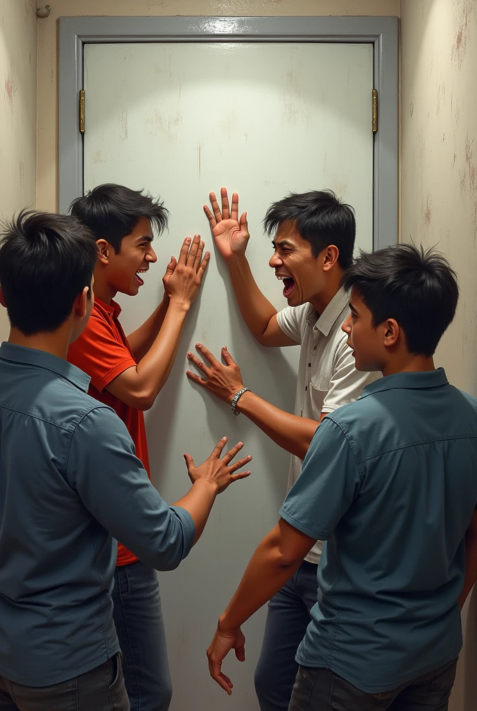 Casually dressed men and women desperately knocking on a closed narrow white door with no deformities in their hands 