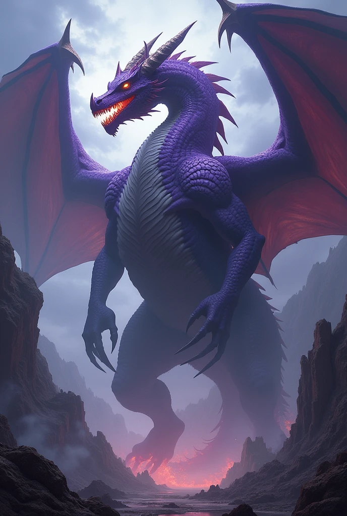 Create me a towering dragon with purple skin, that people feel their bloodlust