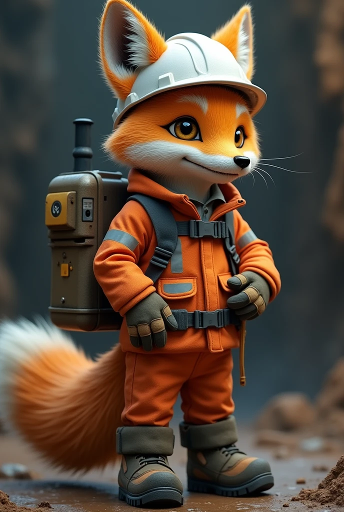 Culpeo fox dressed as a miner with a white helmet, orange jacket and safety shoes and a Motorola portable radio and a large drilling crown on the back
