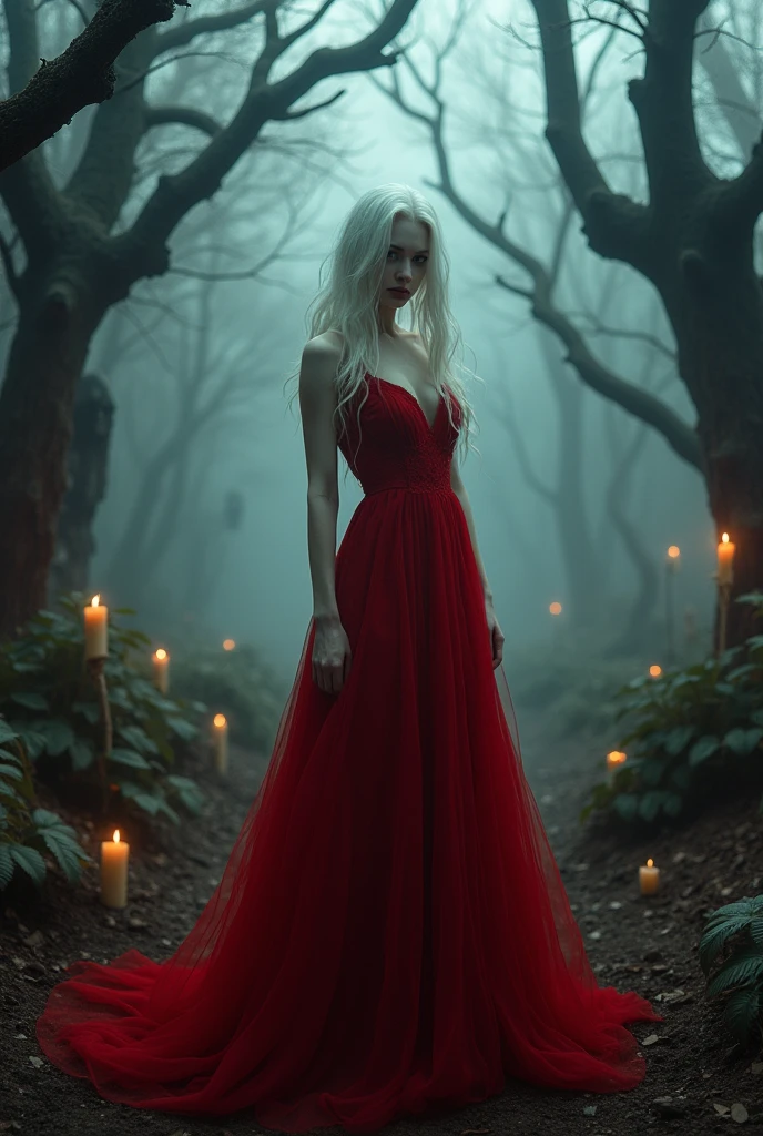 masterpiece, top, Very detailed, very Practical, original photo, (Orcs:1.5),(gothic theme:1.5),(Dark horror theme:1.5),(Thriller:1.5),(Inspired by Stephen King:1.5),( Dark Fantasy:1.5), (Ink Painting:1.5 ), (black and white:1.5), (Ominous sight:1.5),(Many bats fly towards the audience:1.5), (19th century:1.5), ( Theme fragmentation:1,5),(A lot of dust:1,5),(Puddle:1,5),(absurd:1,5),(excellent:1,5),Lepidolite Quartz Woman in red dress facing the viewer, Beautiful face,Long black hair, Full body portrait, an ominous, Atmospheric fluorite chrysocolla, ArtworkSimon Stalenhag, Nicomoli, Wanjichi Mutu, primary color, Very detailed, masterpiece, Intricate details, decline, Very detailed eyes, High detail eyes, 4K resolution,Rich facial details, Raw, Nikon Z9, Horrible city, Mysterious and beautiful woman, Intricate details, Stone Forest, Yunnan Province, China, Ultra Detailed,Dark and eerie atmosphere, The ethereal existence, Beautifully, Facing the camera , FOG, Paranormal Entities, Devil's Essence, Shadow form, Weird Whisper, breath, Mysterious white man, dark and twisted branches, Flickering candlelight, Spooky elements, Mysterious ghosts, Gothic art style, Very charming , Spectral properties, Very depressed, Otherworldly beauty, Ethereal Light, Cold and atmospheric, Weird lighting. Mysterious and beautiful woman, Impressionism, starlight color, Wonderful lighting, Atmospheric and elegant, Charming, 神秘breath, majestic vines, Glowing leaves, Calm expression, Intricate details, Beautiful Features, Put flowers in your ears, Sky Light, Colorful energy, Authentic atmosphere, Bright hues, captivating creation, 32K Ultra HD分辨率, HDR, 800mm lens, Practical, hyperPractical, photography, professional photography, immersive photography, Ultra HD, Ultra-high quality, best quality, HDR photos, Focus Photos, original photo, Extremely sharp, Nature photos, masterpiece, The award-winning, Photographed with Hasselblad x2d.,White hair,White eyelashes,Albinism,China传统服饰