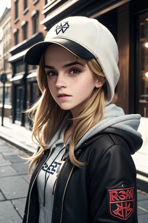 RoseRE, (Emma Watson face) solo, hat, 1girl, long hair, realistic, hood, coat, baseball cap, blonde hair, hood down
