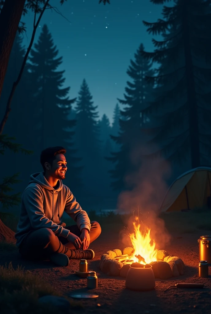 Outdoors nighttime, solo, focus on 1 malaysian man, 29yo slim dg_ShawnPyfrom, wearing hoodie, sitting in front of a campfire, relaxed, seen from the side, realistic, indirect lighting, atmospheric, intricate detail, smiling, deep dark woods,  summer evening, night sky, happy trip camping, campsite, 