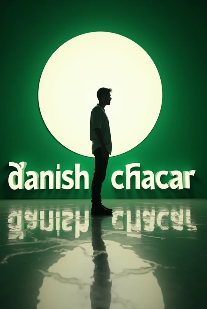 A silhouette of a person stands against a large, illuminated circle featuring the Pakistan flag colors (white, and green) and the Danish chachar in the center. Below the circle, the Text "Danish" is displayed in bold, stylized letters: orange S, gray A, white M, and green IR. The shiny floor reflects the vibrant colors, typography, 3d render