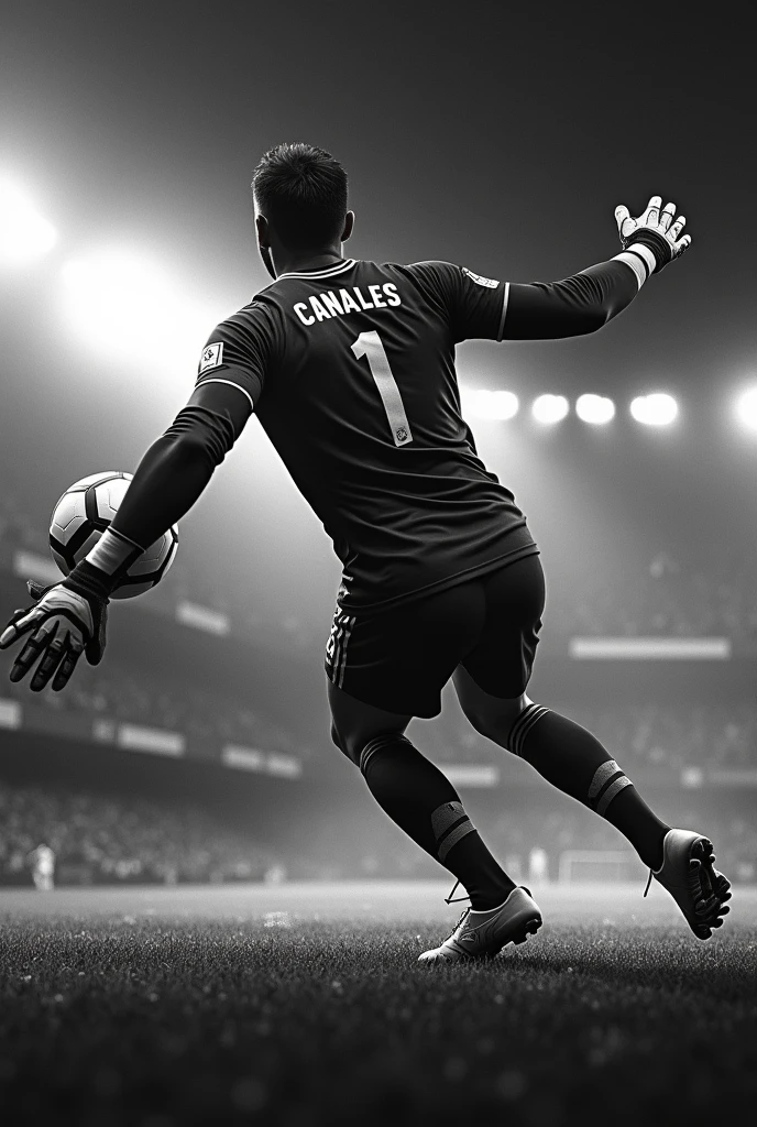Image with a black and white background and a goalkeeper with his back turned saving a ball with a shirt with Canales' name number 1
