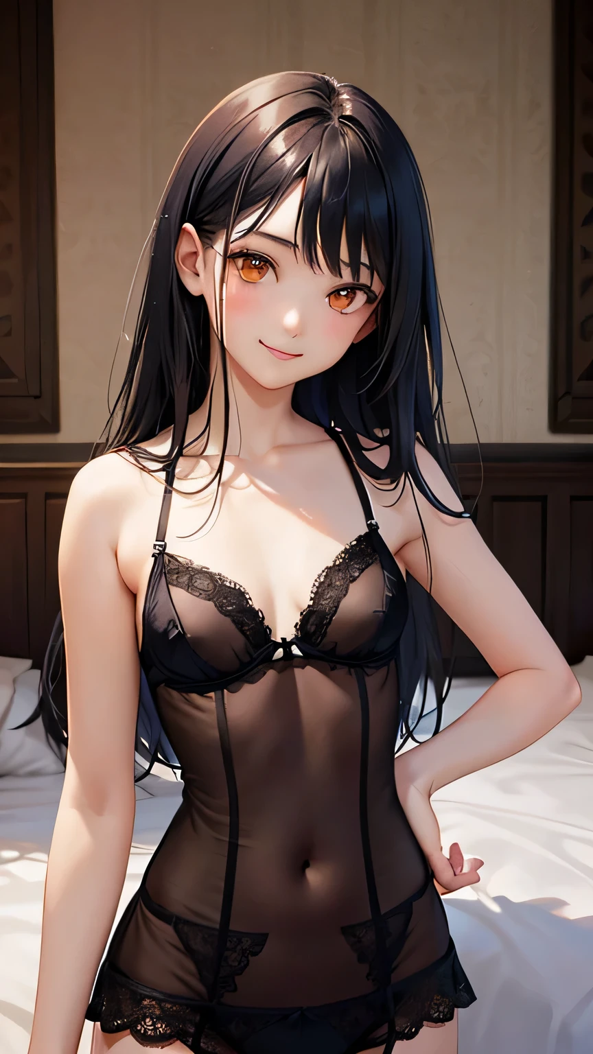 Highest quality、Realistic、female、18-year-old、zoom、Orange eyes、Black Hair、Light blue lingerie、slender、Small breasts、Inappropriate smile、Bedroom、Cowboy Shot、