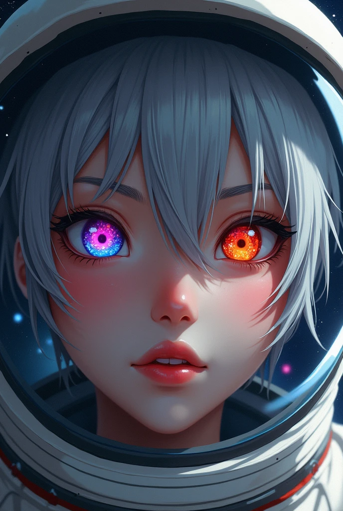 (Close-up of a better masterpiece:1.5)0.9], (Space and astronauts:1.2) (Messy silver hair:1.1) (Heterochromia xanthochromia and blue eyes:1.2) (Space Helmet:1.0) (Colored stars in the eyes:1.0) (A radiant glow:1.1) (thick lips:0.9)