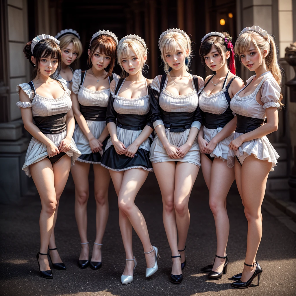 (Full Body of Extremely Detailed((Kawaii Maid Group in a row:1.37))), Cute perfect face, Reflective Eyes, Detailed(Delicate Clothing textures), Correct Leg Line, Dynamic Joyful Expressions LifeLike Rendering, Specular Reflection, TopQuality 8K Ultra-detailed masterpiece (ProfessionalPhoto:1.37), (Acutance:0.8), (Luminism:1.28), (Renaissance art style), Colorful Light particles, ((Full body from side)), {MicroMini Skirt|Kissing|Breast Lifting|Undressing|Thigh Gap|AssFocus}, Radiant Fine Skin with Transparency, (Exposed:0.5), (Different types of Anime hair color){Pink Hair|Blue Hair|Platinum Blonde|Pure White Hair|Liquid Hair}, Perfect Lighting