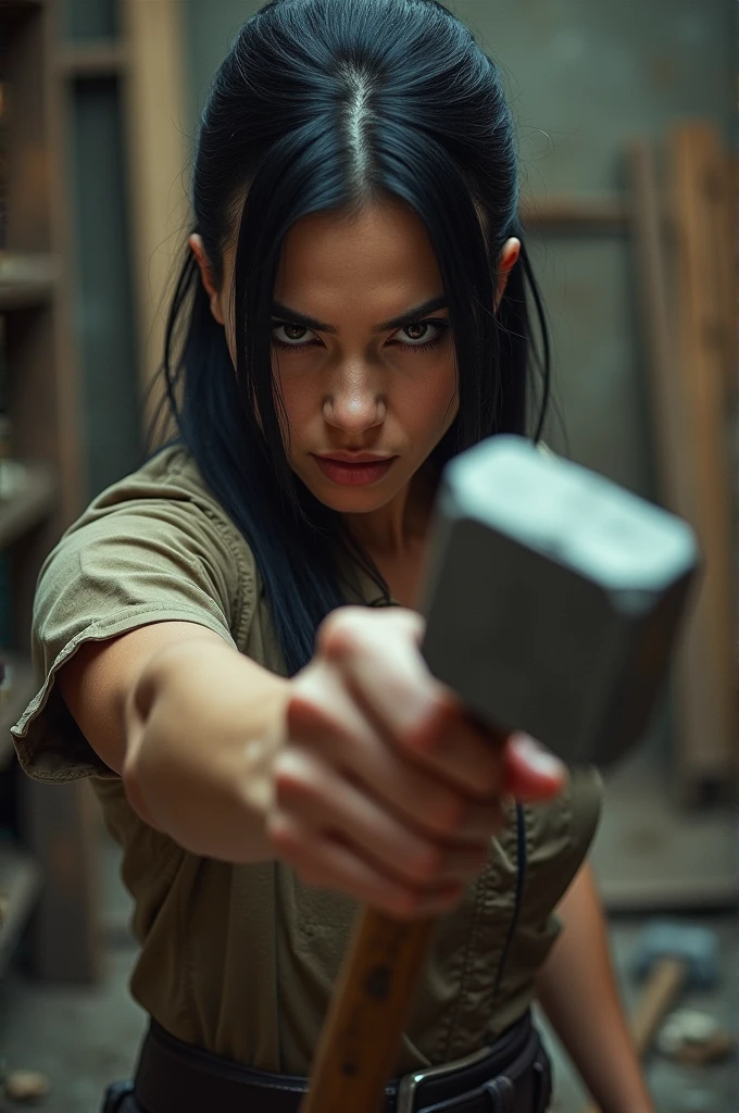 Woman with straight black hair holding a hammer in her hand 