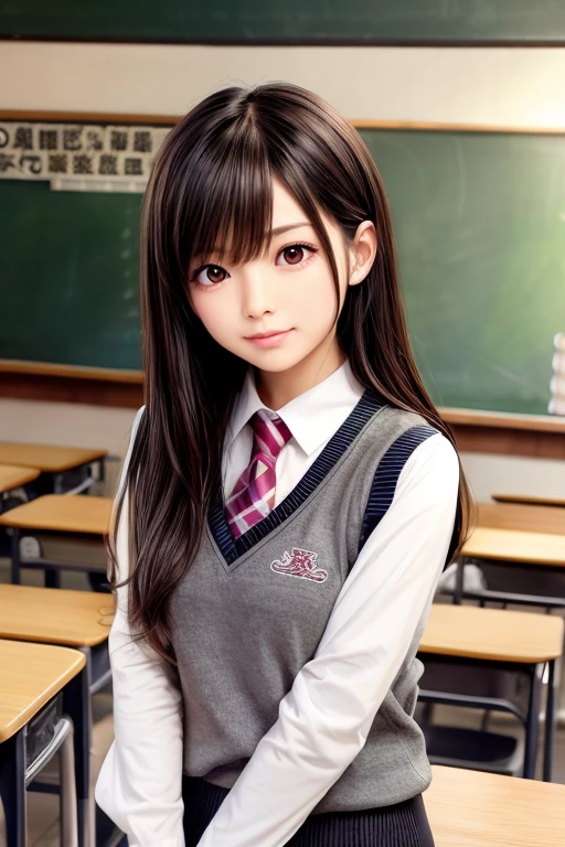 Tsukasaayatsuji, Tsukasa Ayatsuji, Black Hair, Long Hair, bangs, blunt bangs, 
break kibito high school uniform, school uniform, Sweater vest,
break looking at viewer,
break indoors, classroom,
break 