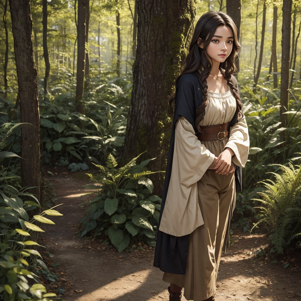 "A medieval-inspired female character with a youthful appearance, looking like she's in her late s, though she's actually 30 years old. She has a bright and lively demeanor with an energetic and cheerful expression. Her face is more androgynous, closer to a boyish look, with softer, youthful features. Her hair is short and practical, in a natural color such as brown or black. She is and slender, with a small bust and shorter stature. Her outfit is practical and resembles the attire of a countryside boy, consisting of shorts and a simple shirt or tunic in a natural, earthy color palette. The background should be a lush forest or a whimsical, enchanting landscape."