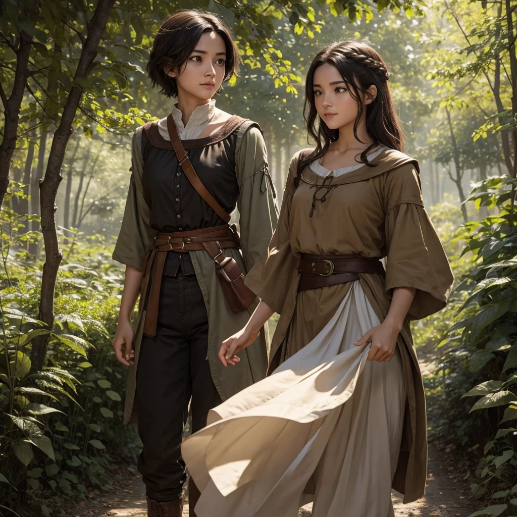 "A medieval-inspired female character with a youthful appearance, looking like she's in her late teens, though she's actually 30 years old. She has a bright and lively demeanor with an energetic and cheerful expression. Her face is more androgynous, closer to a boyish look, with softer, youthful features. Her hair is short and practical, in a natural color such as brown or black. She is and slender, with a small bust and shorter stature. Her outfit is practical and resembles the attire of a countryside boy, consisting of shorts and a simple shirt or tunic in a natural, earthy color palette. The background should be a lush forest or a whimsical, enchanting landscape."
