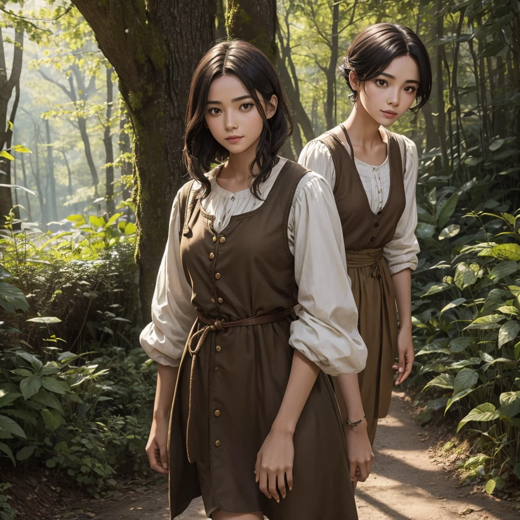 "A medieval-inspired female character with a youthful appearance, looking like she's in her late teens, though she's actually 30 years old. She has a bright and lively demeanor with an energetic and cheerful expression. Her face is more androgynous, closer to a boyish look, with softer, youthful features. Her hair is short and practical, in a natural color such as brown or black. She is and slender, with a small bust and shorter stature. Her outfit is practical and resembles the attire of a countryside boy, consisting of shorts and a simple shirt or tunic in a natural, earthy color palette. The background should be a lush forest or a whimsical, enchanting landscape."