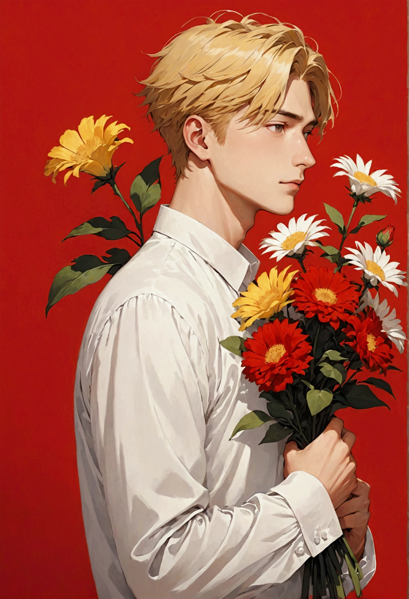 Young man holding flowers on his shoulder on red background, 1 boy, flower, focus on male, solo, holding flower, yellow hair, holding, shirt, red background, white shirt and red second half, simple background, formal