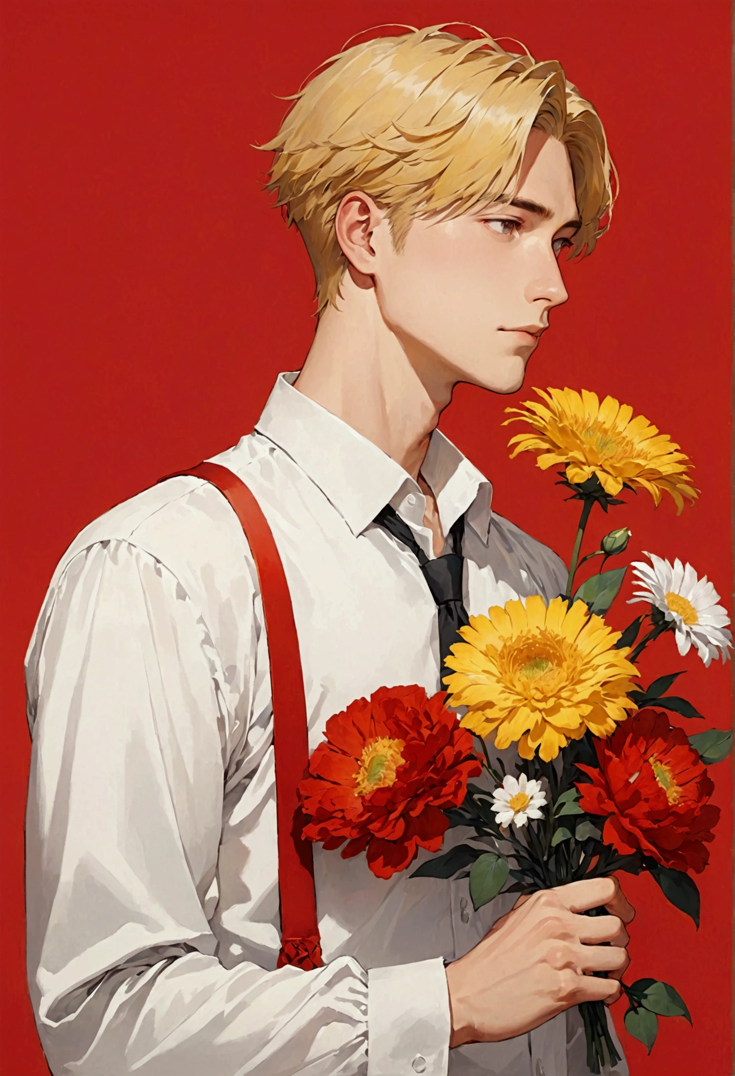 Young man holding flowers on his shoulder on red background, 1 boy, flower, focus on male, solo, holding flower, yellow hair, holding, shirt, red background, white shirt and red second half, simple background, formal