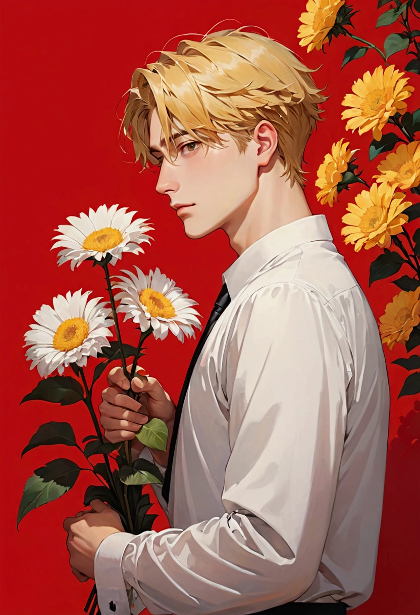 Young man holding flowers on his shoulder on red background, 1 boy, flower, focus on male, solo, holding flower, yellow hair, holding, shirt, red background, white shirt and red second half, simple background, formal