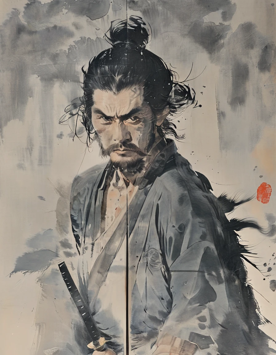 Japanese Samurai横からの全景 Japanese swordを持ち遠くを見ている pale colour Ink Painting Like overlapping Japanese Samurai Japanese sword dusk