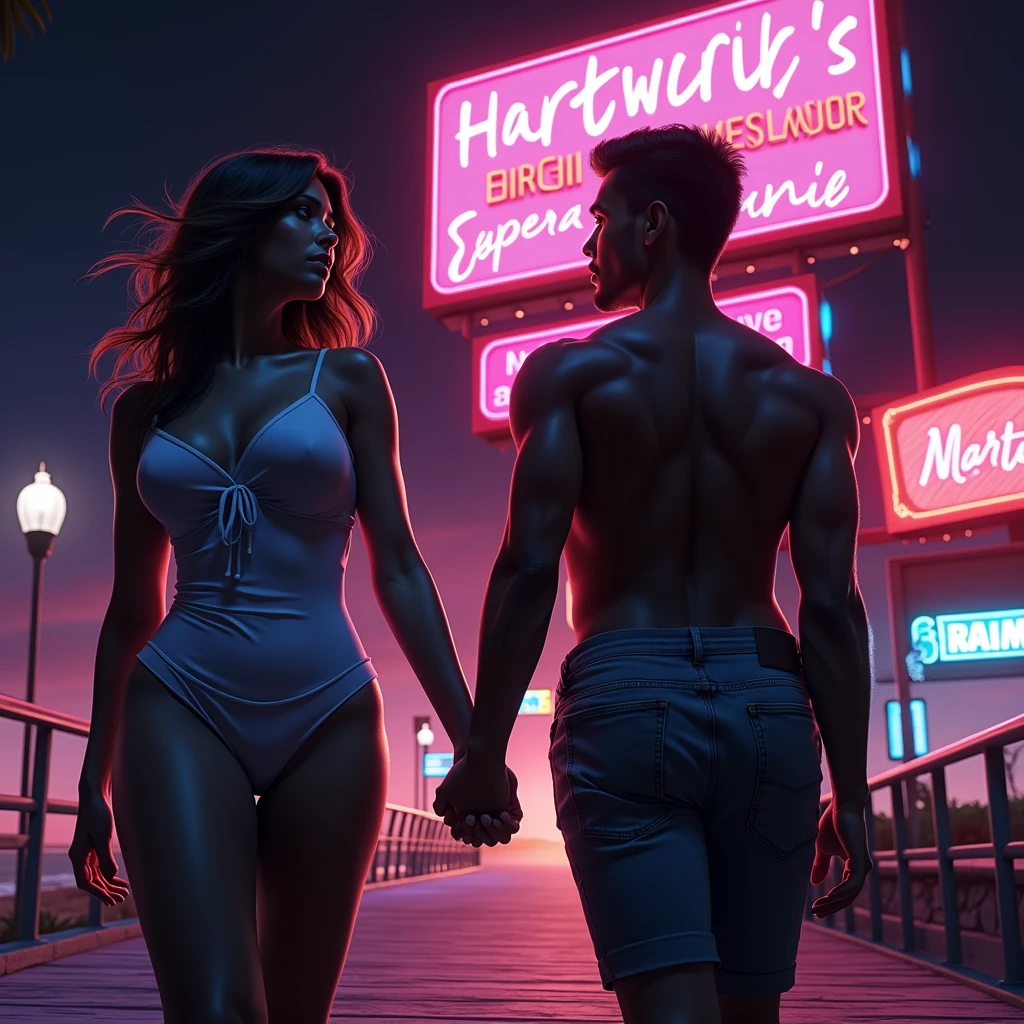 generates an action scene where a couple of lovers (a handsome black man with short hair and a Latin woman with dark chocolate skin and a nice body with curves, round breasts and firm, wide and generous hips,) meet on a boardwalk in front of the sea, warm colors, be creative and achieve a book cover image.