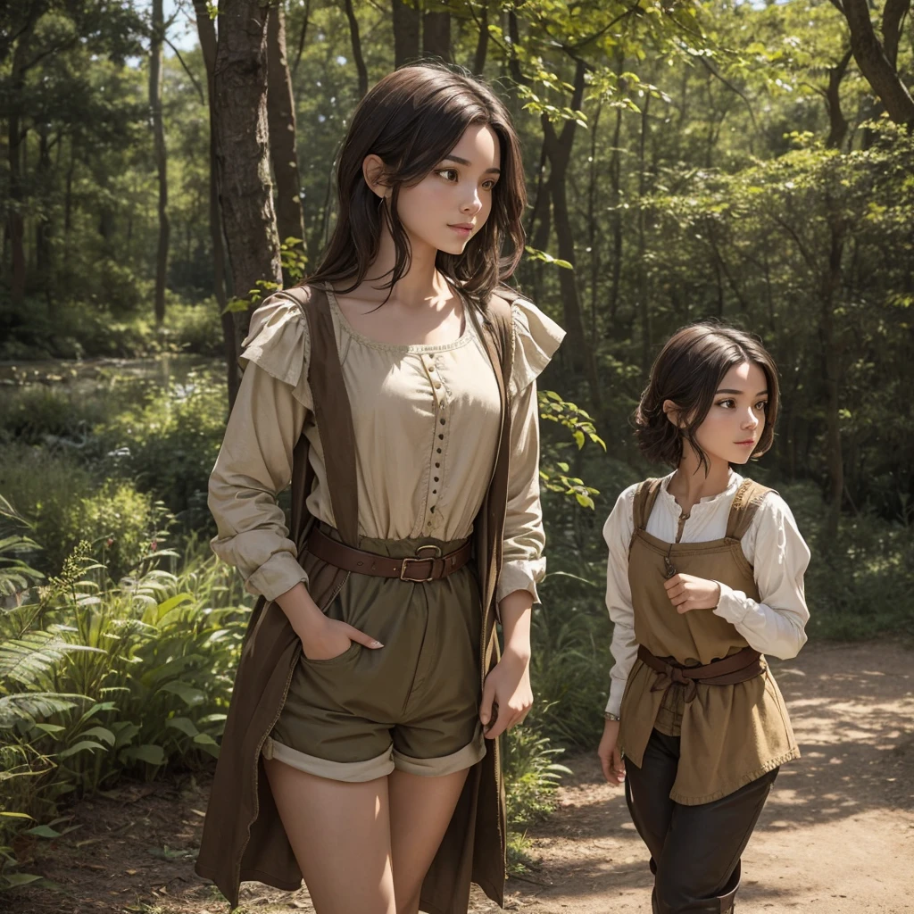"A medieval-inspired female character with a youthful appearance, looking like she's in her late s, though she's actually 30 years old. She has a bright and lively demeanor with an energetic and cheerful expression. Her face is more androgynous, closer to a boyish look, with softer, youthful features. Her hair is short and practical, in a natural color such as brown or black. She is and slender, with a small bust and shorter stature. Her outfit is practical and resembles the attire of a countryside boy, consisting of shorts and a simple shirt or tunic in a natural, earthy color palette. The background should be a lush forest or a whimsical, enchanting landscape."