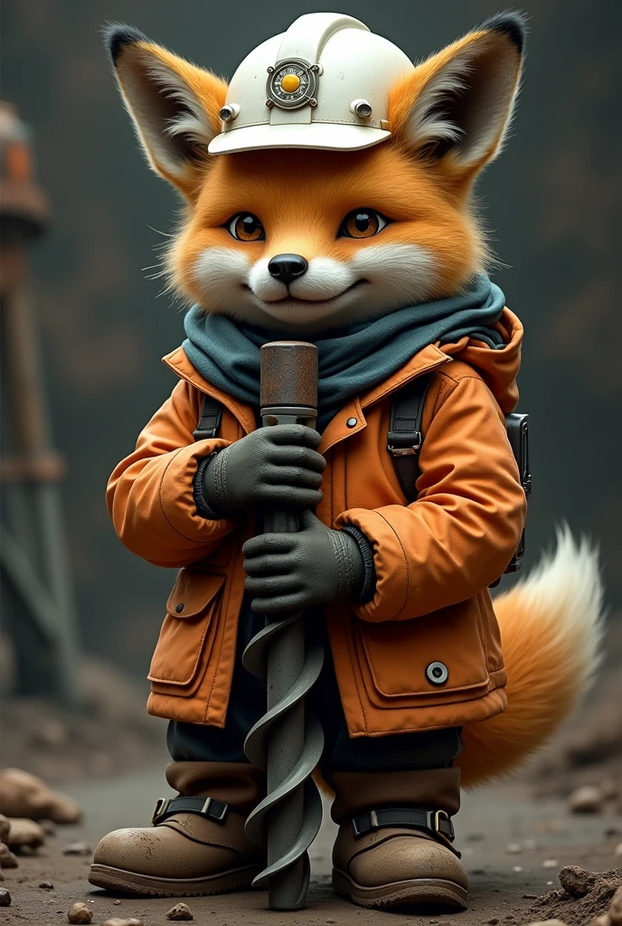 Culpeo fox dressed as a miner with a white helmet, orange jacket and safety shoes and a drilling crown in his hand
