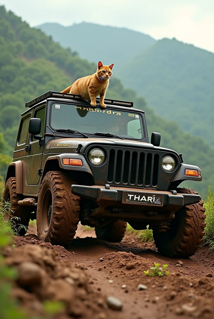 Black Mahindra Thar car , dirt car , hills background, cat on hood ,