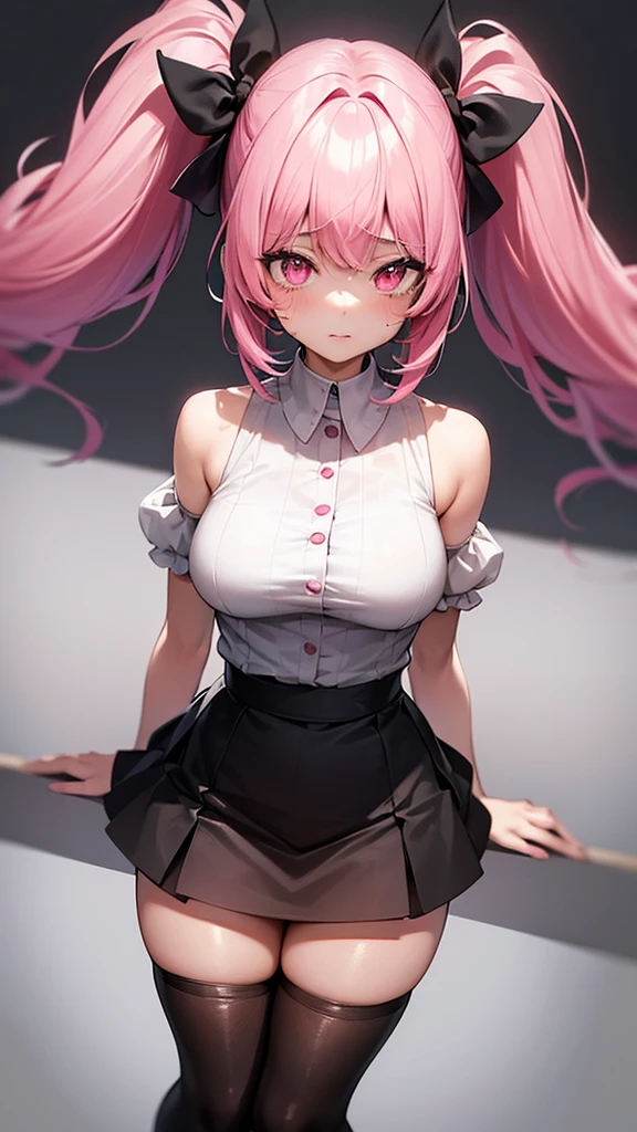 (Highest quality,High resolution,Very detailed,)black tights,Pink Hair,Twin tails and short hair,Height: 160cm,cute,Big Breasts,Pink Eyes,wearing a black skirt,Her eyes are white and shining,Has bright white eyes,Tied up with rope and crying