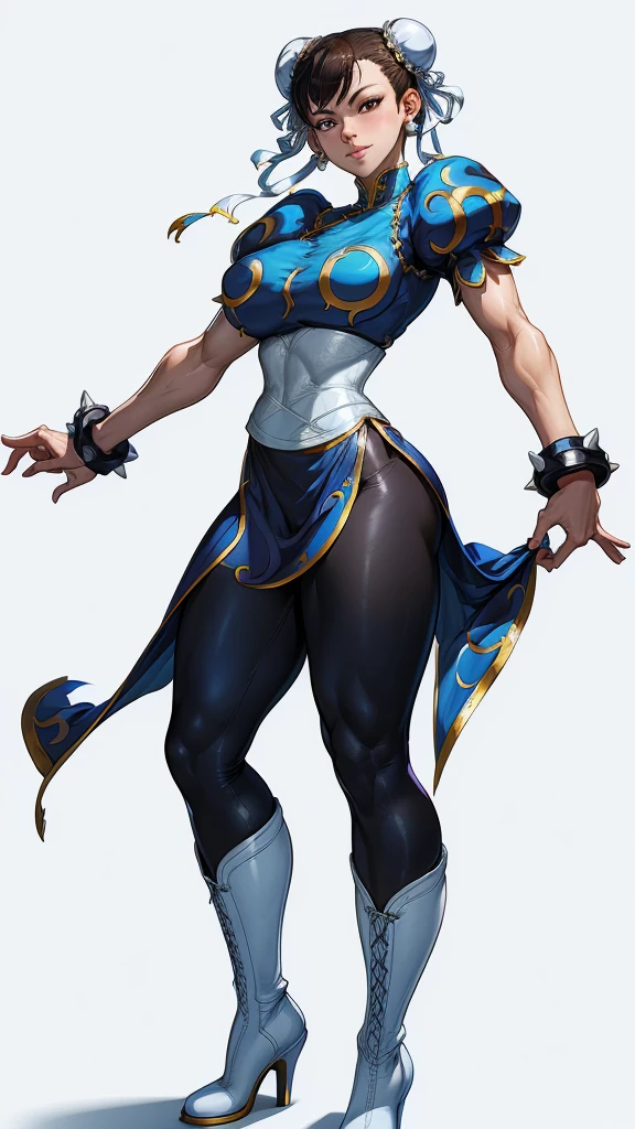 (La mejor calidad,A high resolution,Ultra - detallado,actual) (White background:1.2) Selena Gómez rostro, Chun-Li cuerp completo, Beautiful young woman in blue dress，Smile，(white boots:1.4) ，Exquisite facial features，tie hair, (black leggings:1.4) ，Blue clothes,( blue skirt:1.4) , ，front standing posture ，facing the audience，(full body Portrait) ，gray background, ,(Fondo de ruinas de mazmorra en ruinas:1.4 ), (anatomía perfecta :1.4), (face detailed :1.4), (Selena Gómez :1.4), (Chun Li :1.4),( Chun Li V2.1), More detailed 8K.motor irreal:1.4,UHD,La mejor calidad:1.4, fotorrealista:1.4, textura de la piel:1.4, obra maestra:1.8,obra-prima, mejor calidad,objeto Objeto], (detailed face features:1.3),(Las proporciones correctas),(Ojos hermosos azules),  (pose vaquero)
