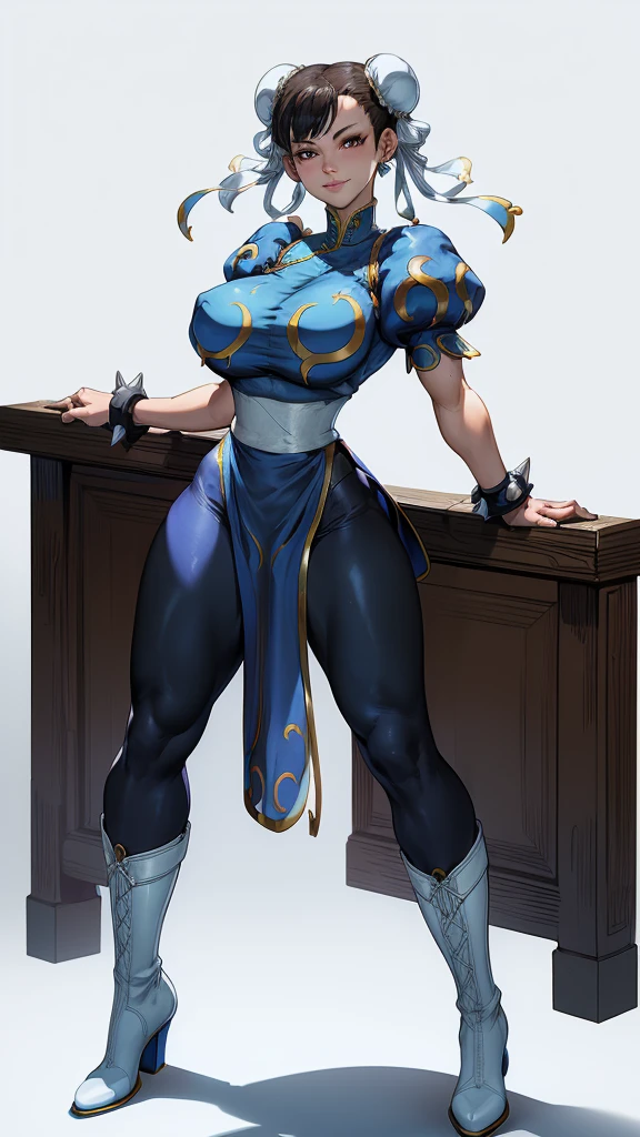 (La mejor calidad,A high resolution,Ultra - detallado,actual) (White background:1.2) Selena Gómez rostro, Chun-Li cuerp completo, Beautiful young woman in blue dress，Smile，(white boots:1.4) ，Exquisite facial features，tie hair, (black leggings:1.4) ，Blue clothes,( blue skirt:1.4) , ，front standing posture ，facing the audience，(full body Portrait) ，gray background, ,(Fondo de ruinas de mazmorra en ruinas:1.4 ), (anatomía perfecta :1.4), (face detailed :1.4), (Selena Gómez :1.4), (Chun Li :1.4),( Chun Li V2.1), More detailed 8K.motor irreal:1.4,UHD,La mejor calidad:1.4, fotorrealista:1.4, textura de la piel:1.4, obra maestra:1.8,obra-prima, mejor calidad,objeto Objeto], (detailed face features:1.3),(Las proporciones correctas),(Ojos hermosos azules),  (pose vaquero)