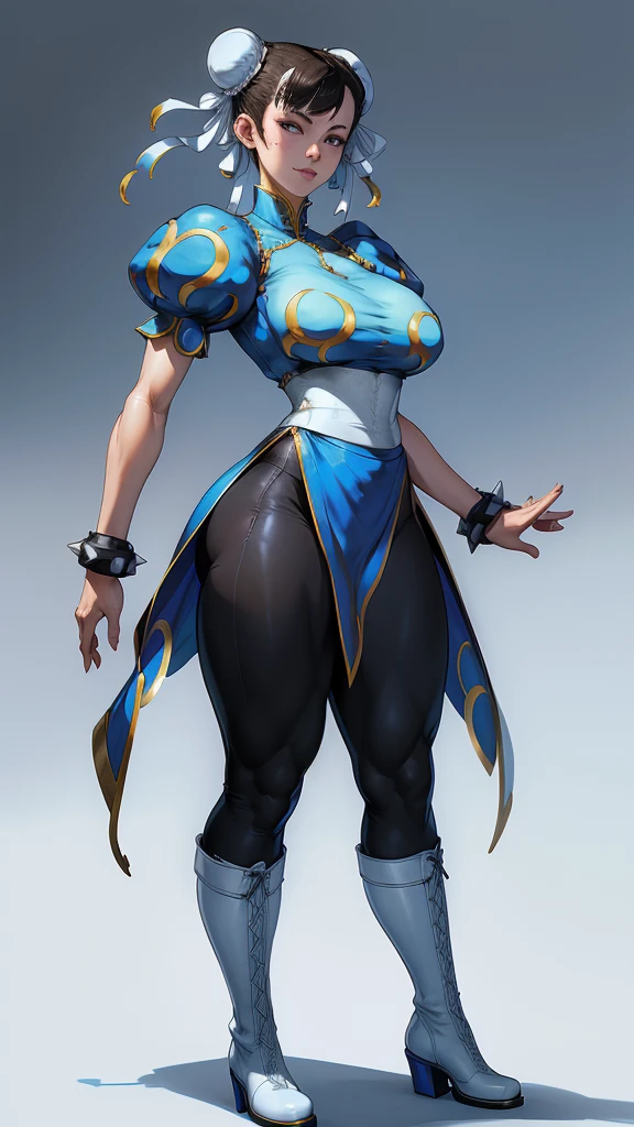 (La mejor calidad,A high resolution,Ultra - detallado,actual) (White background:1.2) Selena Gómez rostro, Chun-Li cuerp completo, Beautiful young woman in blue dress，Smile，(white boots:1.4) ，Exquisite facial features，tie hair, (black leggings:1.4) ，Blue clothes,( blue skirt:1.4) , ，front standing posture ，facing the audience，(full body Portrait) ，gray background, ,(Fondo de ruinas de mazmorra en ruinas:1.4 ), (anatomía perfecta :1.4), (face detailed :1.4), (Selena Gómez :1.4), (Chun Li :1.4),( Chun Li V2.1), More detailed 8K.motor irreal:1.4,UHD,La mejor calidad:1.4, fotorrealista:1.4, textura de la piel:1.4, obra maestra:1.8,obra-prima, mejor calidad,objeto Objeto], (detailed face features:1.3),(Las proporciones correctas),(Ojos hermosos azules),  (pose vaquero)