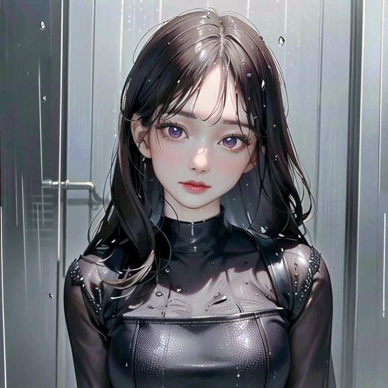(Best Quality, 4k, masterpiece :1.3), Beautiful woman, 1 girl, (old, attractive body :1.2), ABS :1.1, Dark brown hair: 1.1, (rainy wet, wet from the rain, wet body :1.2), Ultra detailed face, detailed lips, detailed eyes, double eyelid