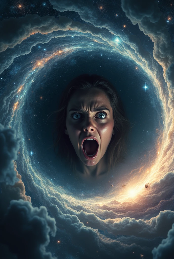 a scared astronaut looking at a black hole, extremely detailed face, beautiful detailed eyes, beautiful detailed lips, extremely detailed skin and wrinkles, high quality, cinematic lighting, dramatic lighting, sci-fi, dark, moody, dramatic, realistic, photorealistic, 8k, high resolution, detailed description, masterpiece.a highly detailed astronaut falling into a black hole in the depths of a galaxy, extremely detailed space scene, 8k, ultra-detailed, photorealistic, realistic lighting, dramatic lighting, cinematic composition, awe-inspiring, epic scale, mesmerizing colors, ethereal atmosphere, stunning cosmic environment, majestic nebulae, swirling galaxies, luminous stars, sense of wonder and mystery