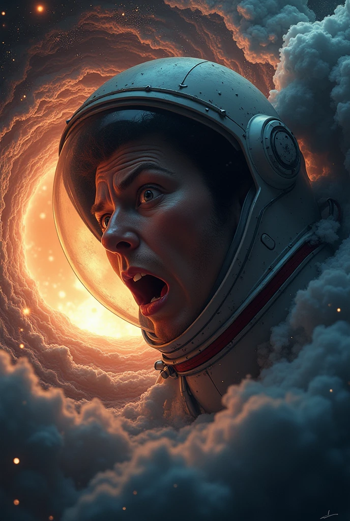 a scared astronaut looking at a black hole, extremely detailed face, beautiful detailed eyes, beautiful detailed lips, extremely detailed skin and wrinkles, high quality, cinematic lighting, dramatic lighting, sci-fi, dark, moody, dramatic, realistic, photorealistic, 8k, high resolution, detailed description, masterpiece.a highly detailed astronaut falling into a black hole in the depths of a galaxy, extremely detailed space scene, 8k, ultra-detailed, photorealistic, realistic lighting, dramatic lighting, cinematic composition, awe-inspiring, epic scale, mesmerizing colors, ethereal atmosphere, stunning cosmic environment, majestic nebulae, swirling galaxies, luminous stars, sense of wonder and mystery