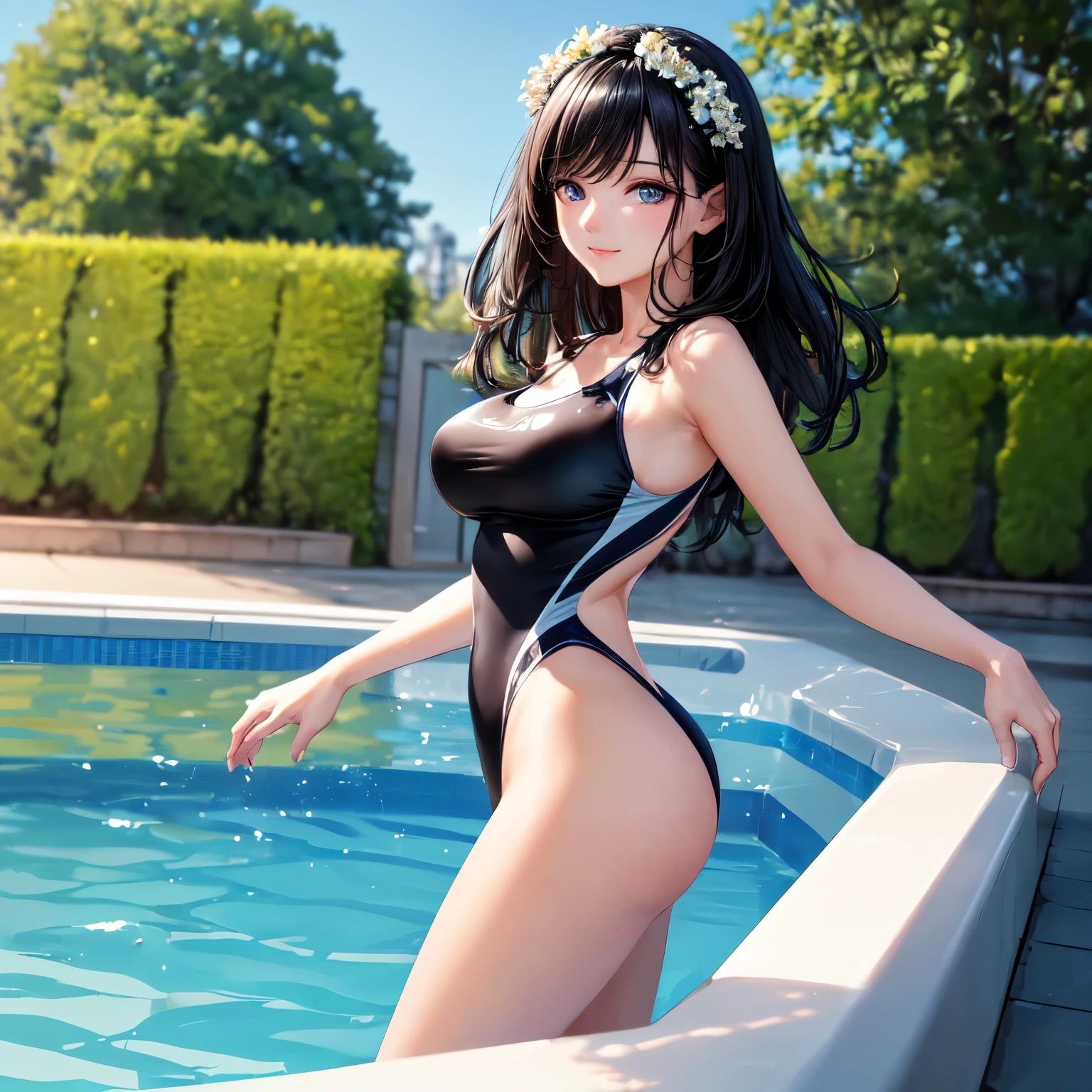 ((masterpiece,best quality,ultra detailed,high resolution)),(daytime,clear weather,bloom),looking back,((solo)),(beautiful-woman),(black hair,medium hair),(beautiful detailed face,beautiful detailed eyes,fair skin),light smile,(competition swimsuit),on the pool,