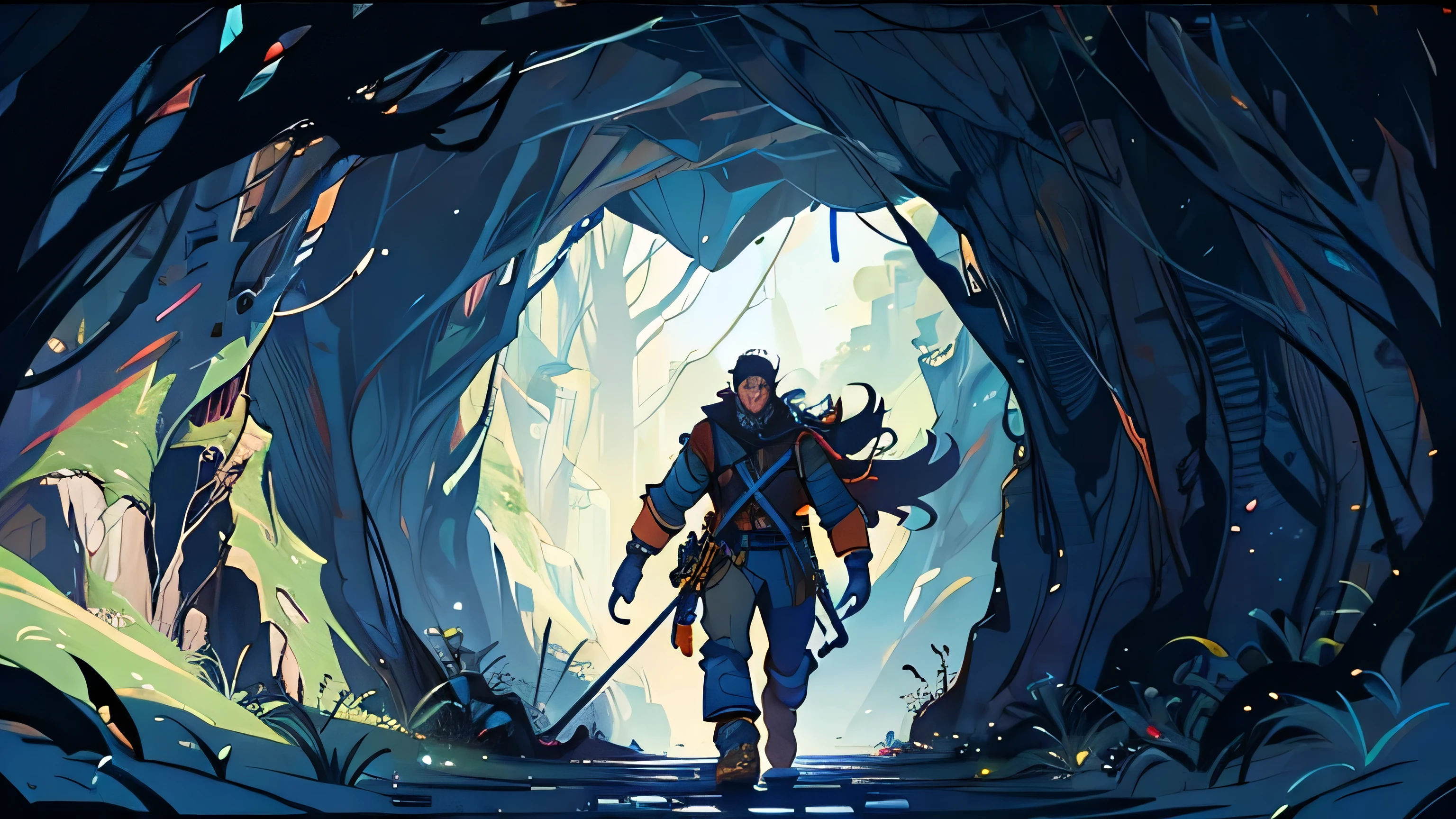 a mountaineer man, Entering a mysterious cave