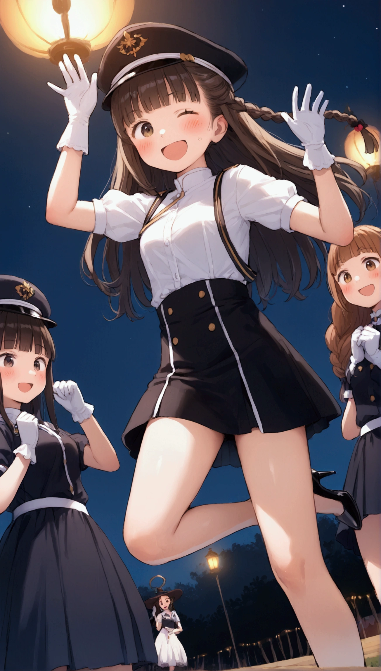 {Highest quality}, {Super beautiful},{Ultra fine},{Best illustration},Brown Hair,Hime cut,long hair,Braid,One woman,Standing Woman,Strike a pose,Adult women,smile,Excited face,Wink,Uniform cap,White Shirt,Short sleeve,long black skirt,White gloves,Night Festival,Blushing,Slender,Black high heels,barefoot,From an angle,From below,Lift one leg up,Waving with both hands
