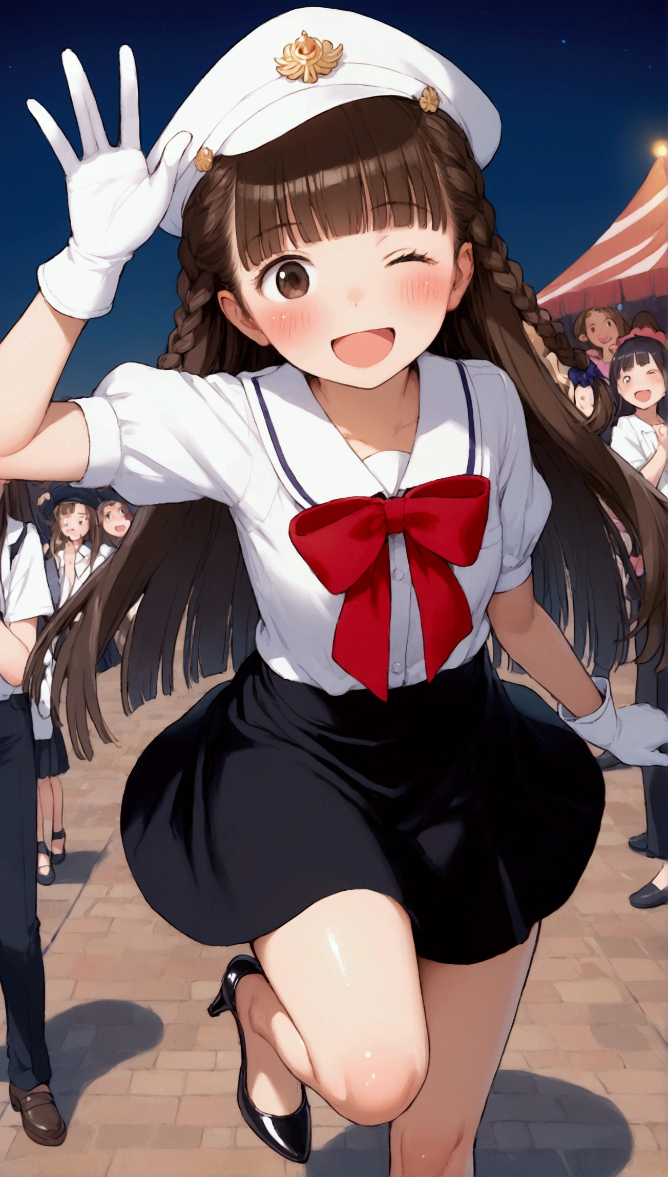 {Highest quality}, {Super beautiful},{Ultra fine},{Best illustration},Brown Hair,Hime cut,long hair,Braid,One woman,Standing Woman,Strike a pose,Adult women,smile,Excited face,Wink,Uniform cap,White Shirt,Short sleeve,long black skirt,White gloves,Night Festival,Blushing,Slender,Black high heels,barefoot,From an angle,From below,Lift one leg up,Waving with both hands