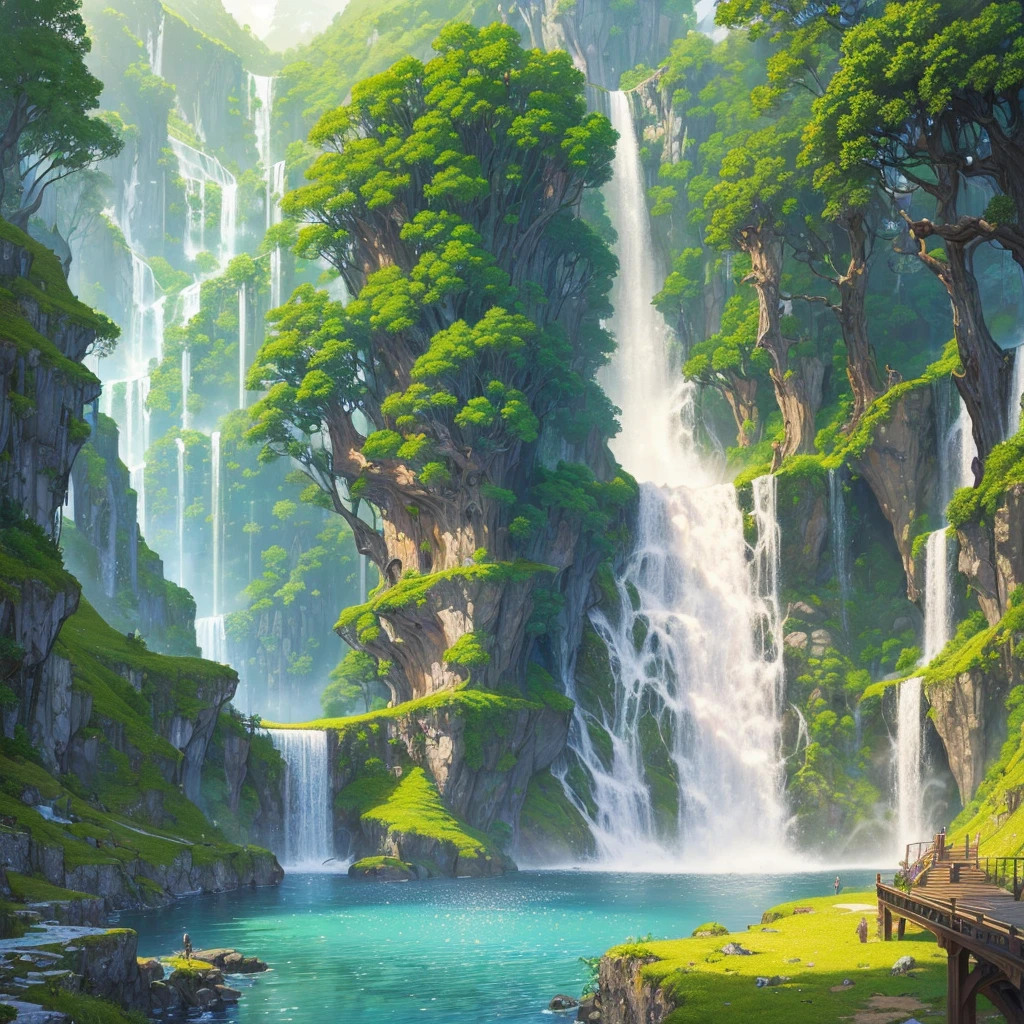 ((of the highest quality)),(ultra high resolution),(Super detailed),(Detailed description),((best cg)),(best work of art),super precision art,amazing drawing art,(Fantasy art with precise details.:1.5), A huge waterfall falling from the sky.,A transparent rainbow bridge,wood々A mountain where the greenery of々